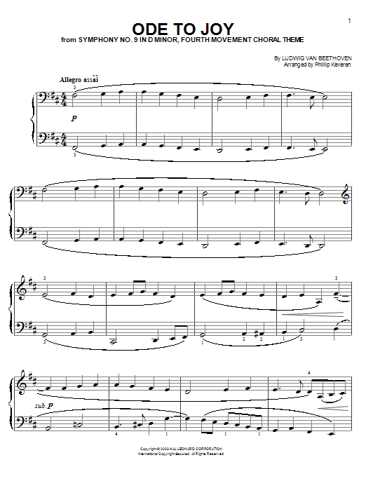 Ludwig van Beethoven Ode To Joy (from Immortal Beloved) (arr. Phillip Keveren) Sheet Music Notes & Chords for Easy Piano - Download or Print PDF