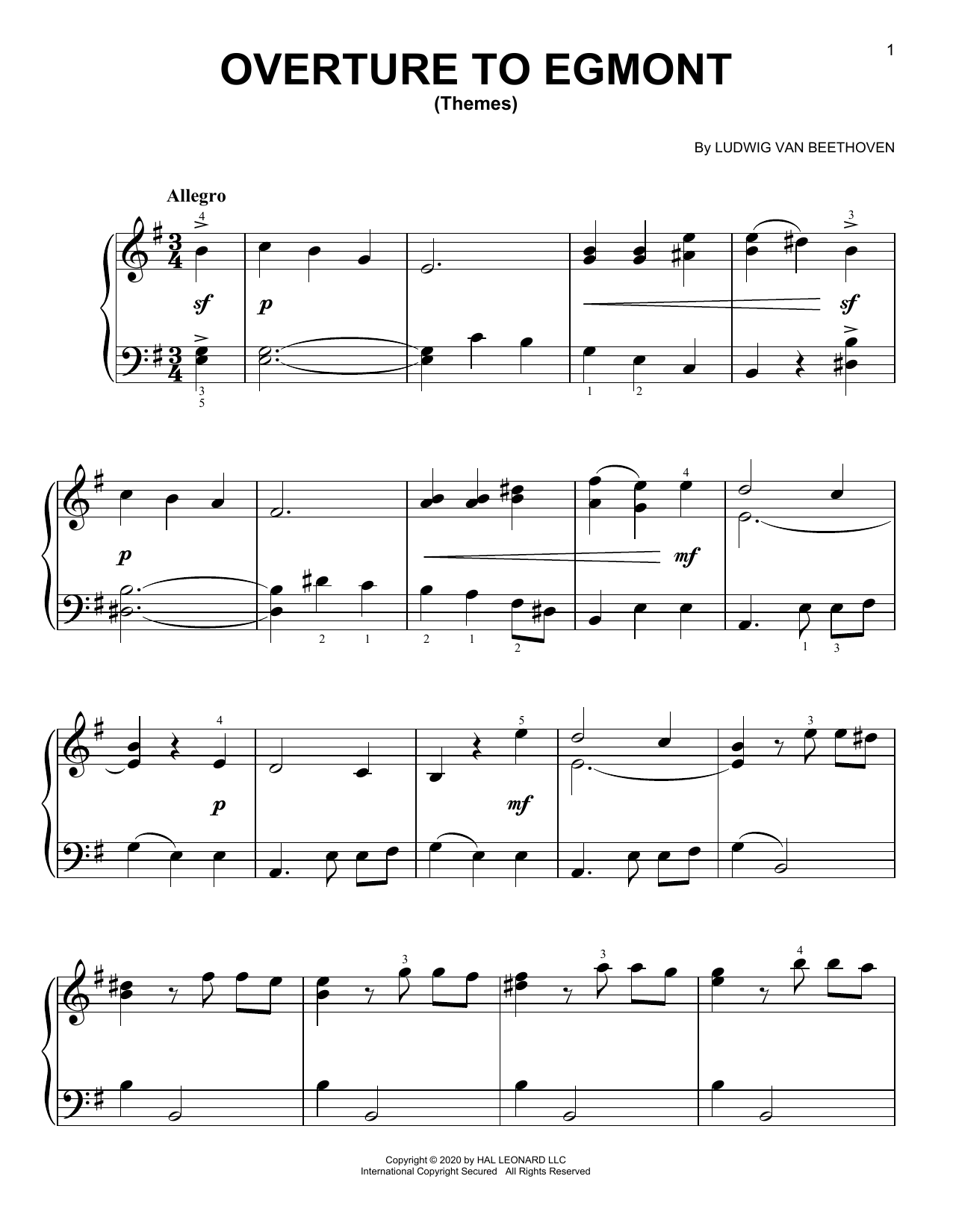 Ludwig van Beethoven Overture To Egmont (Themes) Sheet Music Notes & Chords for Easy Piano - Download or Print PDF