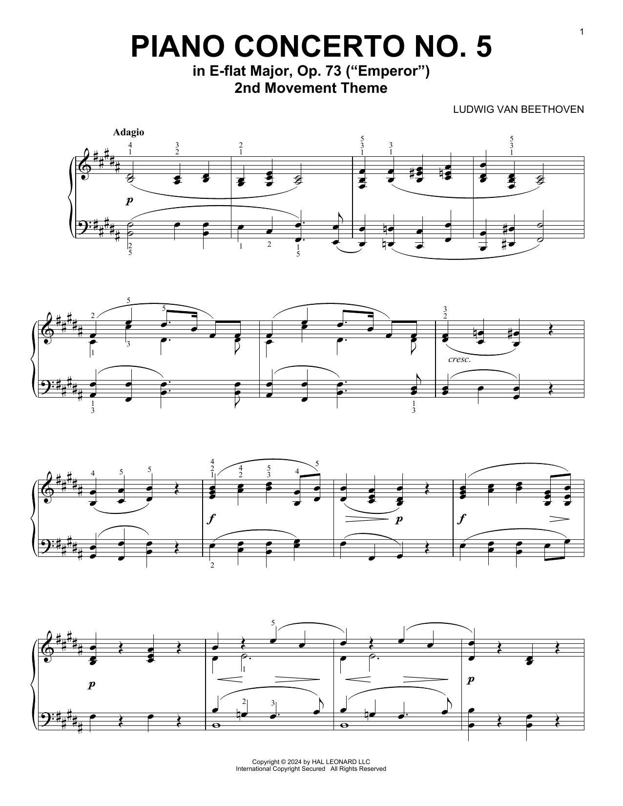 Ludwig van Beethoven Piano Concerto No. 5, 2nd Movement Sheet Music Notes & Chords for Piano Solo - Download or Print PDF