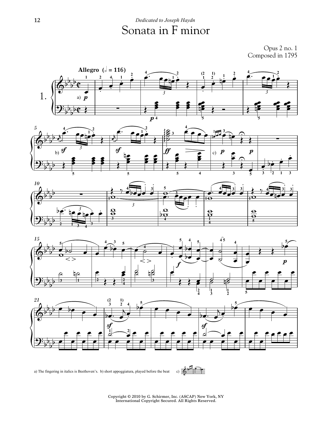 Ludwig van Beethoven Piano Sonata No. 1 In F Minor, Op. 2, No. 1 Sheet Music Notes & Chords for Piano - Download or Print PDF