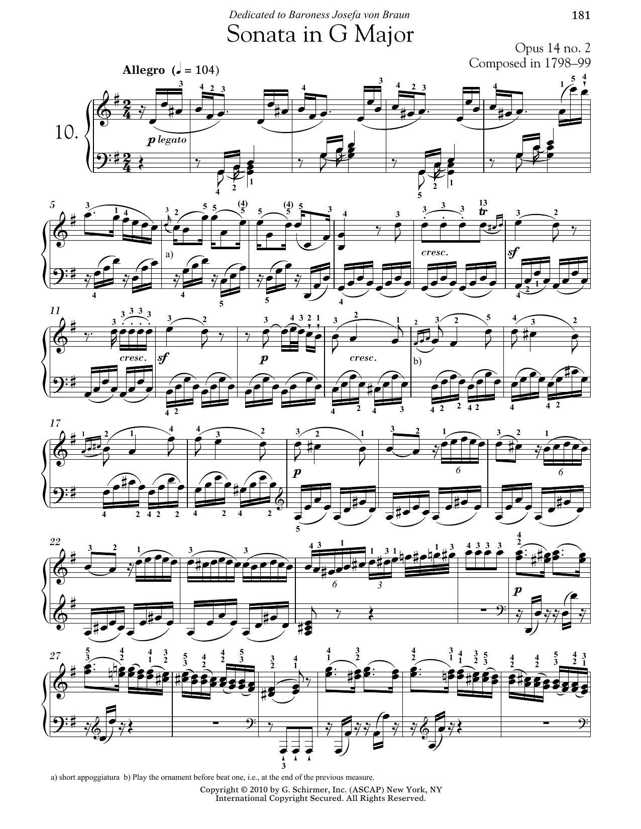 Ludwig van Beethoven Piano Sonata No. 10 In G Major, Op. 14, No. 2 Sheet Music Notes & Chords for Piano - Download or Print PDF