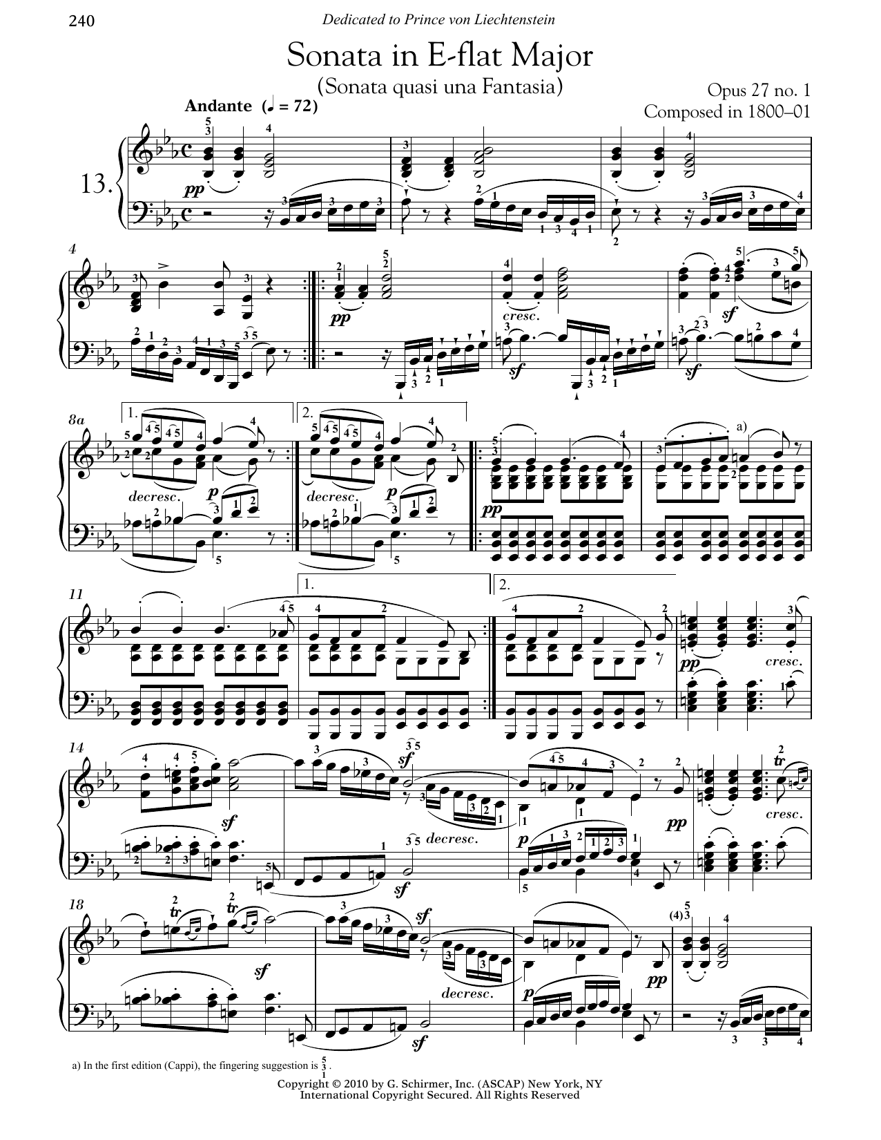 Ludwig van Beethoven Piano Sonata No. 13 In E-flat Major, Op. 27, No. 1 Sheet Music Notes & Chords for Piano - Download or Print PDF