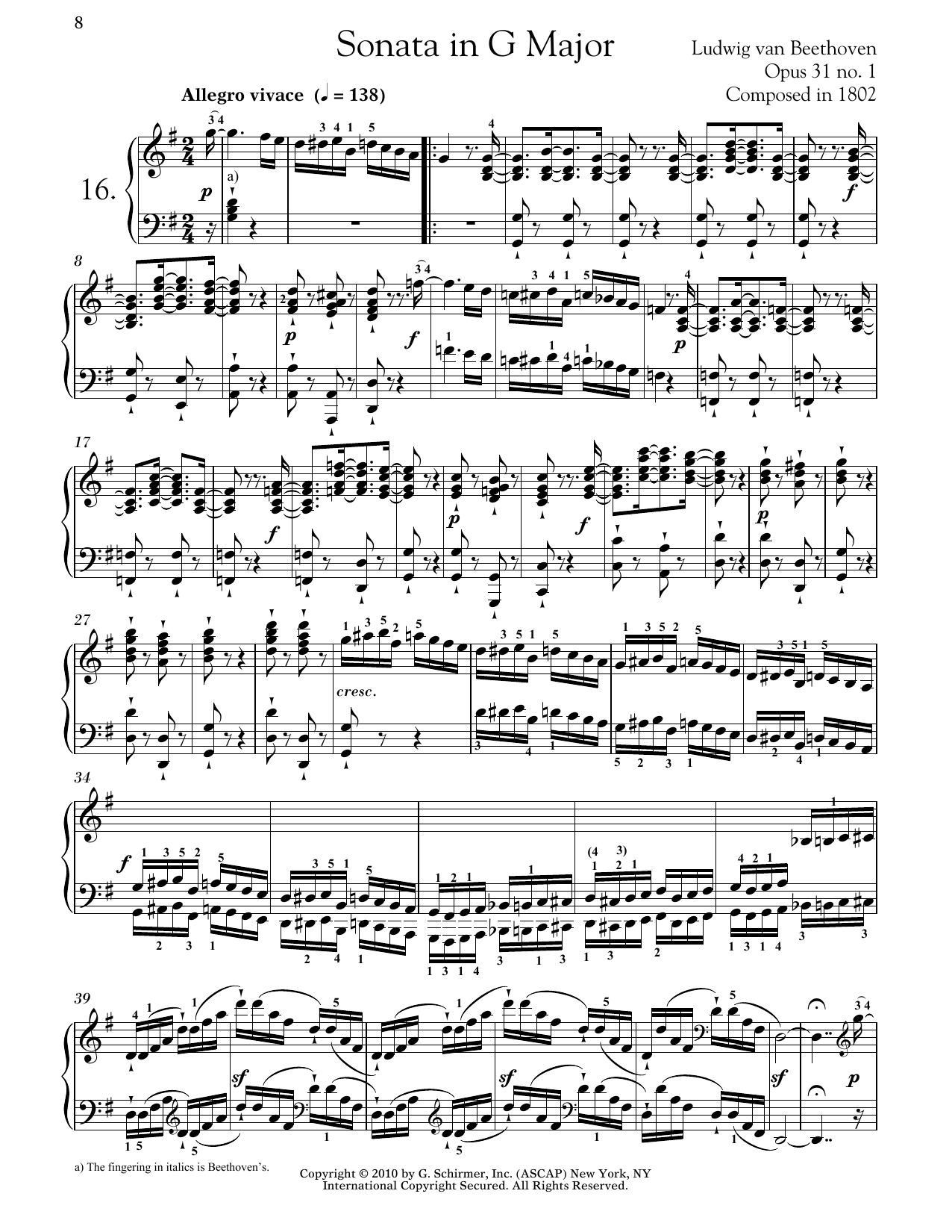 Ludwig van Beethoven Piano Sonata No. 16 In G Major, Op. 31, No. 1 Sheet Music Notes & Chords for Piano - Download or Print PDF