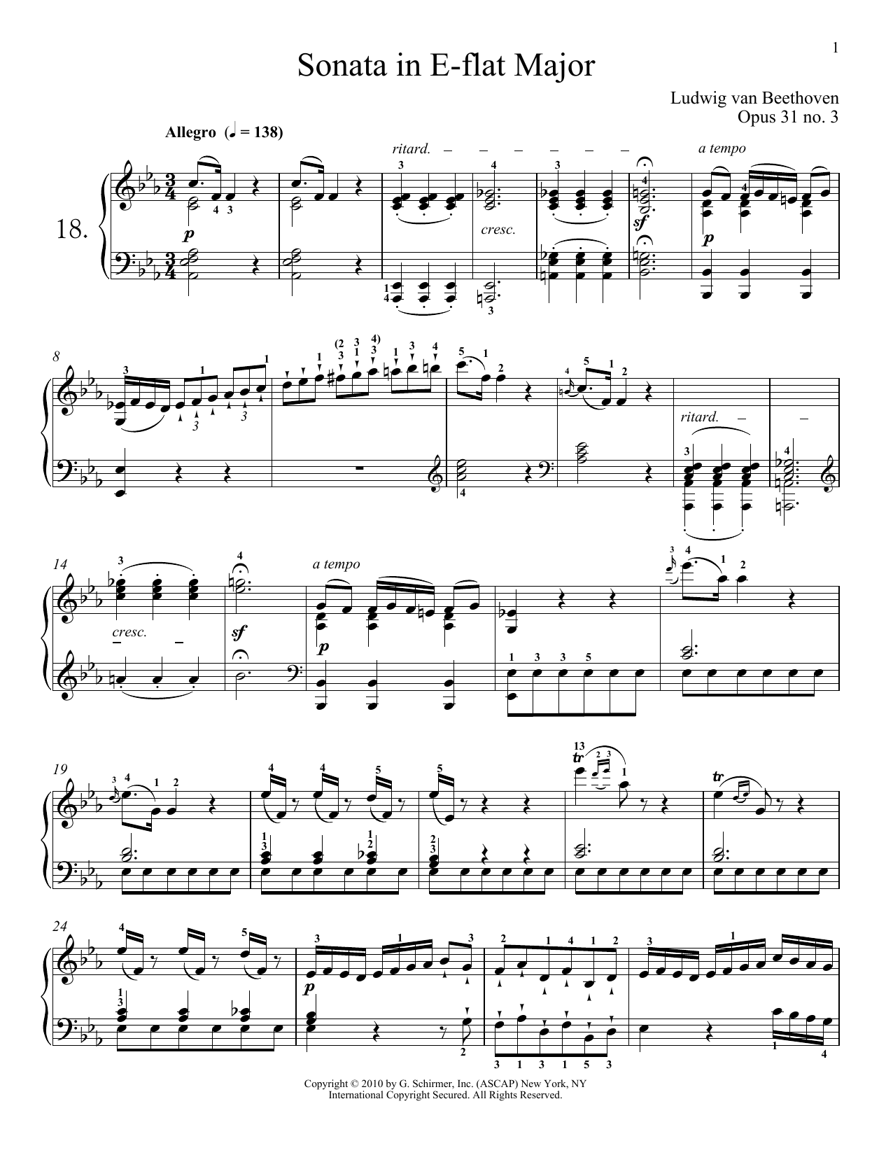 Ludwig van Beethoven Piano Sonata No. 18 In E-flat Major, Op. 31, No. 3 Sheet Music Notes & Chords for Piano - Download or Print PDF