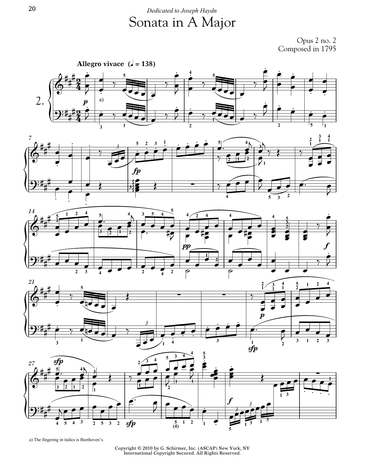 Ludwig van Beethoven Piano Sonata No. 2 In A Major, Op. 2, No. 2 Sheet Music Notes & Chords for Piano - Download or Print PDF