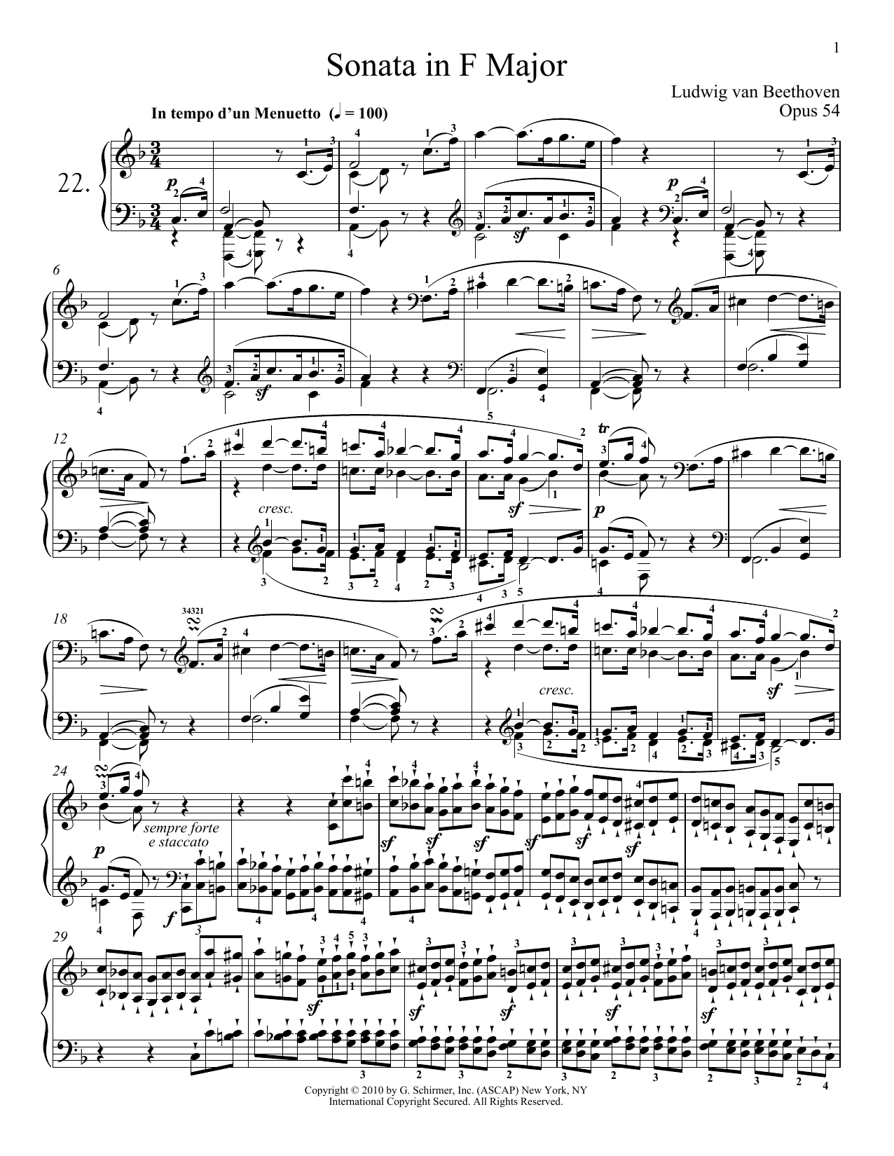 Ludwig van Beethoven Piano Sonata No. 22 In F Major, Op. 54 Sheet Music Notes & Chords for Piano - Download or Print PDF