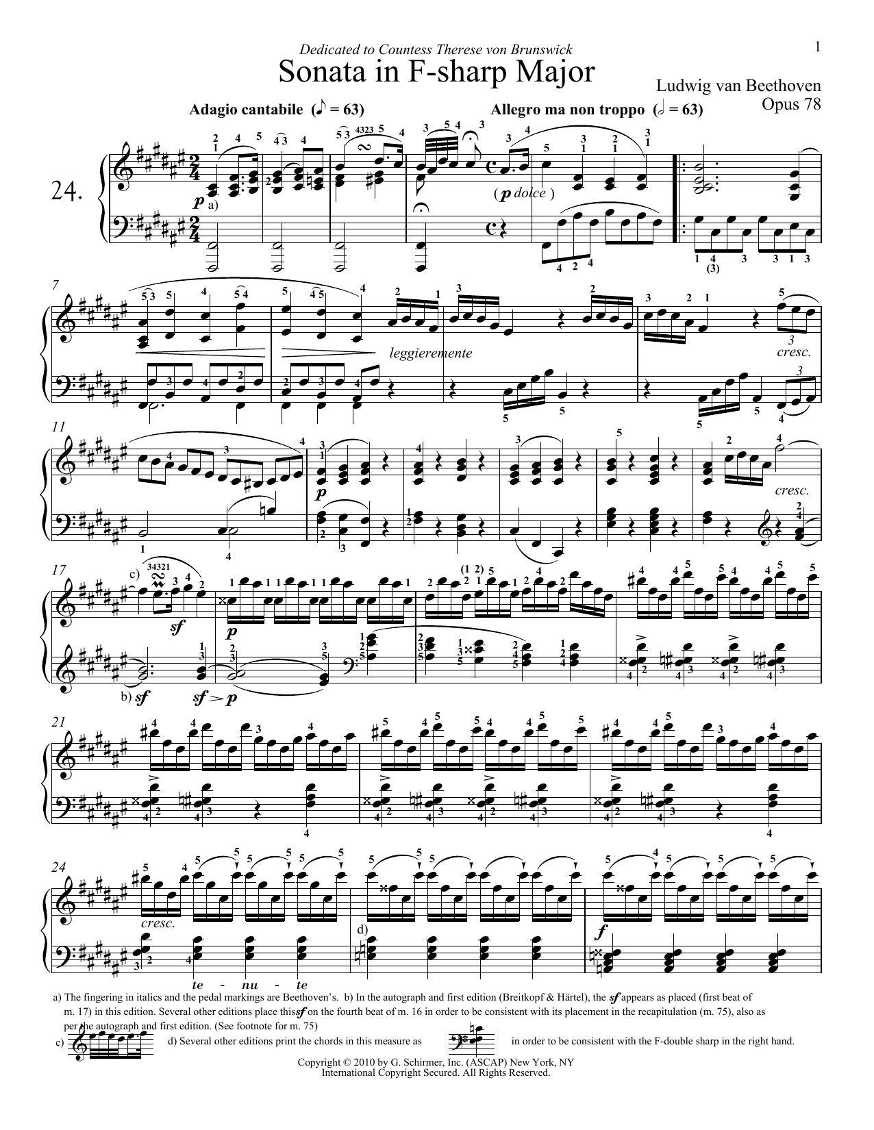 Ludwig van Beethoven Piano Sonata No. 24 In F-Sharp Major, Op. 78 Sheet Music Notes & Chords for Piano - Download or Print PDF