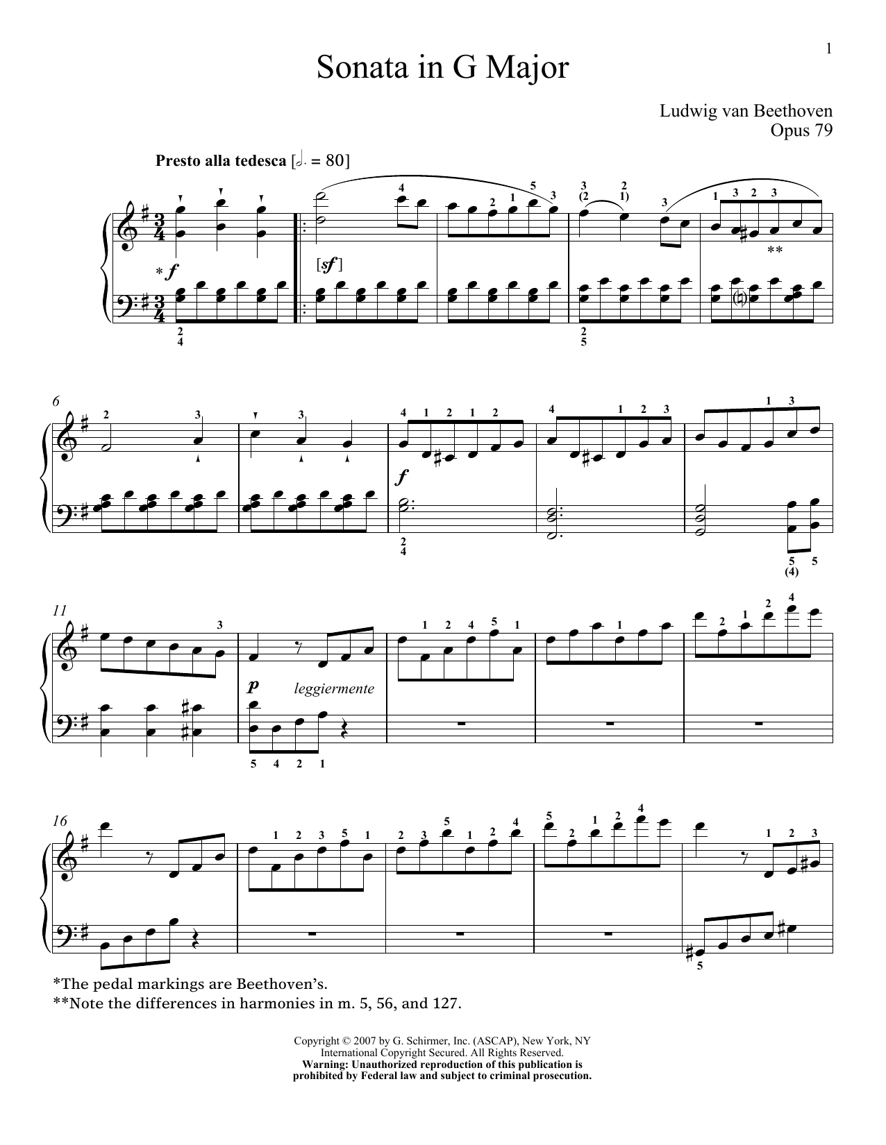 Ludwig van Beethoven Piano Sonata No. 25 In G Major, Op. 79 Sheet Music Notes & Chords for Piano - Download or Print PDF