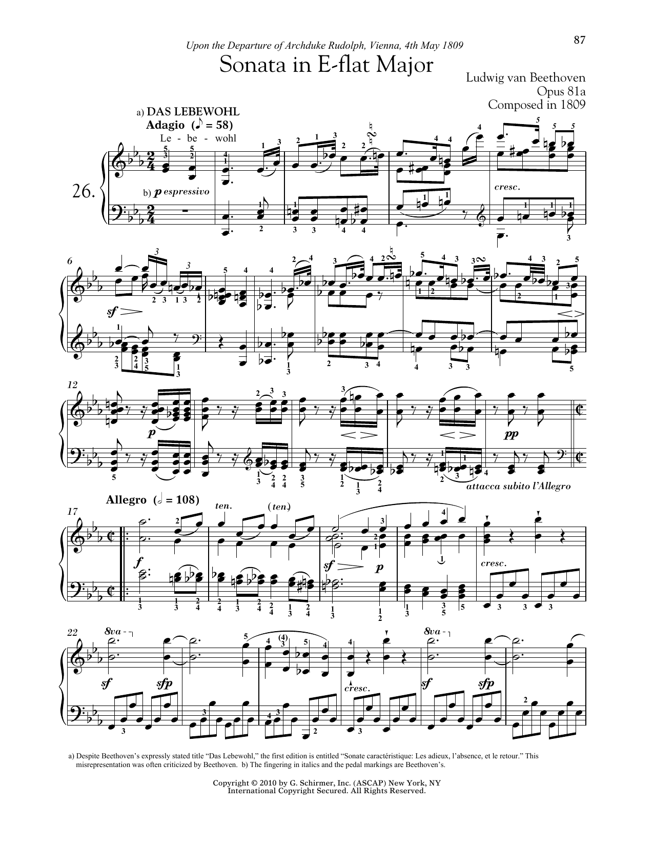 Ludwig van Beethoven Piano Sonata No. 26 In E-Flat Major, Op. 81a Sheet Music Notes & Chords for Piano - Download or Print PDF