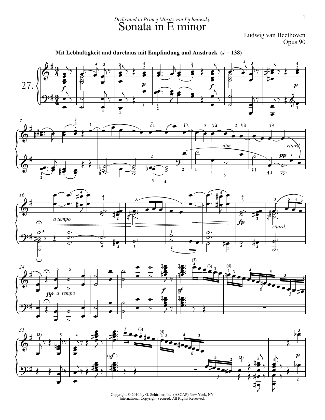 Ludwig van Beethoven Piano Sonata No. 27 In E Minor, Op. 90 Sheet Music Notes & Chords for Piano - Download or Print PDF