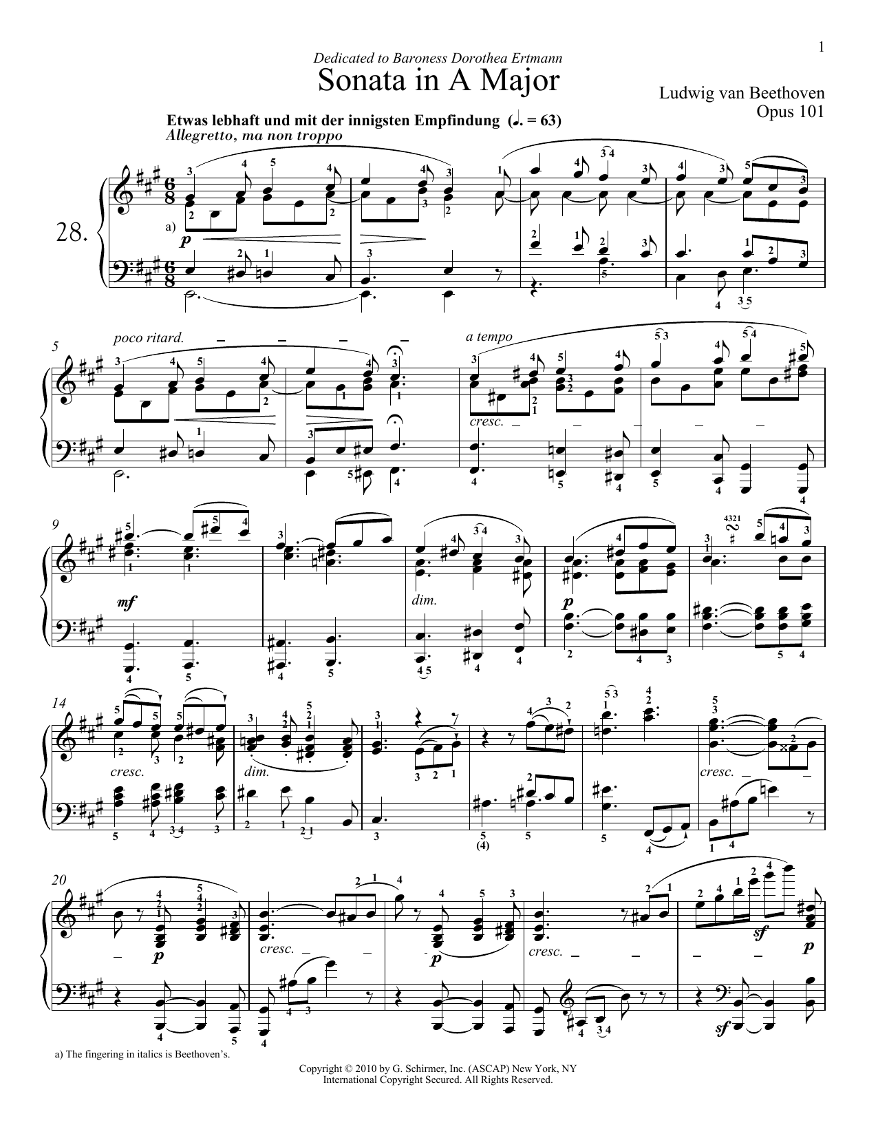 Ludwig van Beethoven Piano Sonata No. 28 In A Major, Op. 101 Sheet Music Notes & Chords for Piano - Download or Print PDF