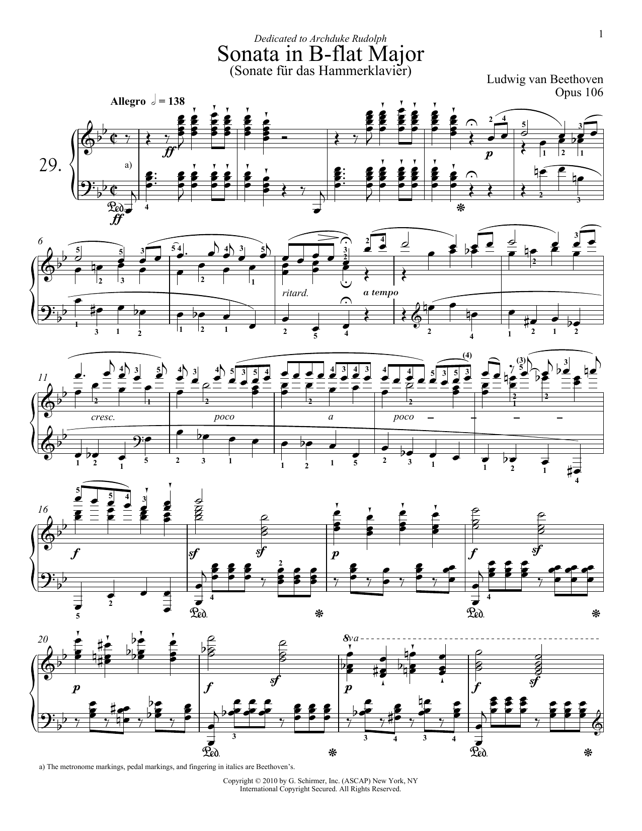Ludwig van Beethoven Piano Sonata No. 29 In B-Flat Major, Op. 106 Sheet Music Notes & Chords for Piano - Download or Print PDF