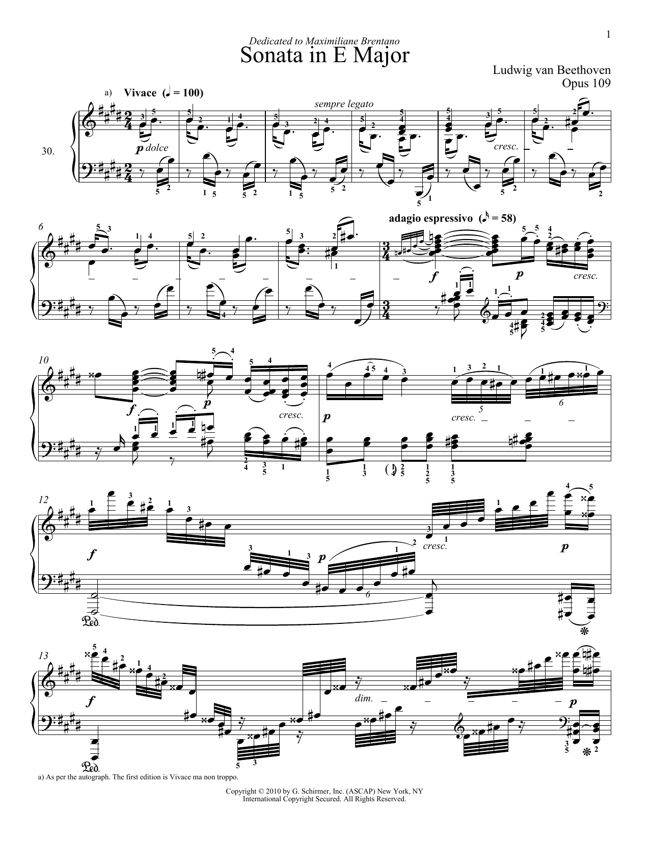 Ludwig van Beethoven Piano Sonata No. 30 In E Major, Op. 109 Sheet Music Notes & Chords for Piano - Download or Print PDF