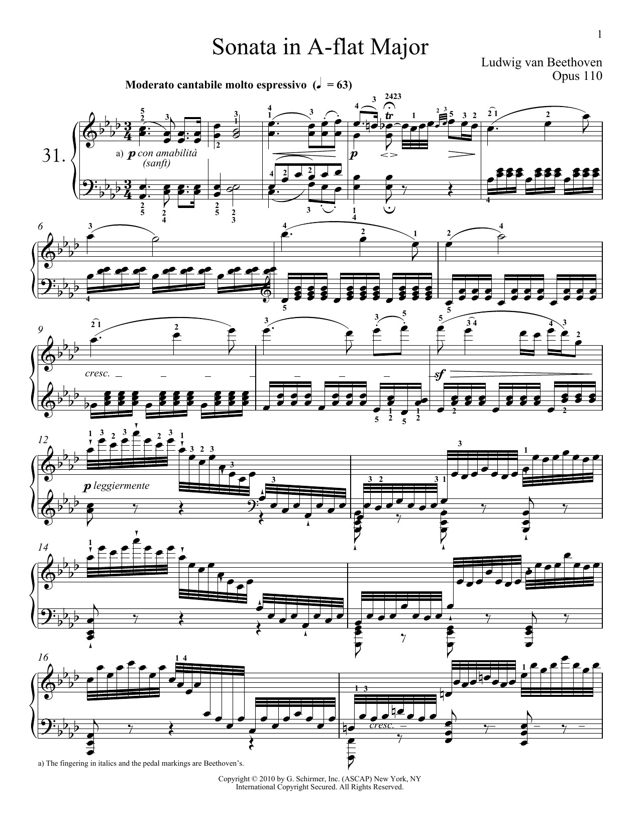 Ludwig van Beethoven Piano Sonata No. 31 In A-flat Major, Op. 110 Sheet Music Notes & Chords for Piano - Download or Print PDF