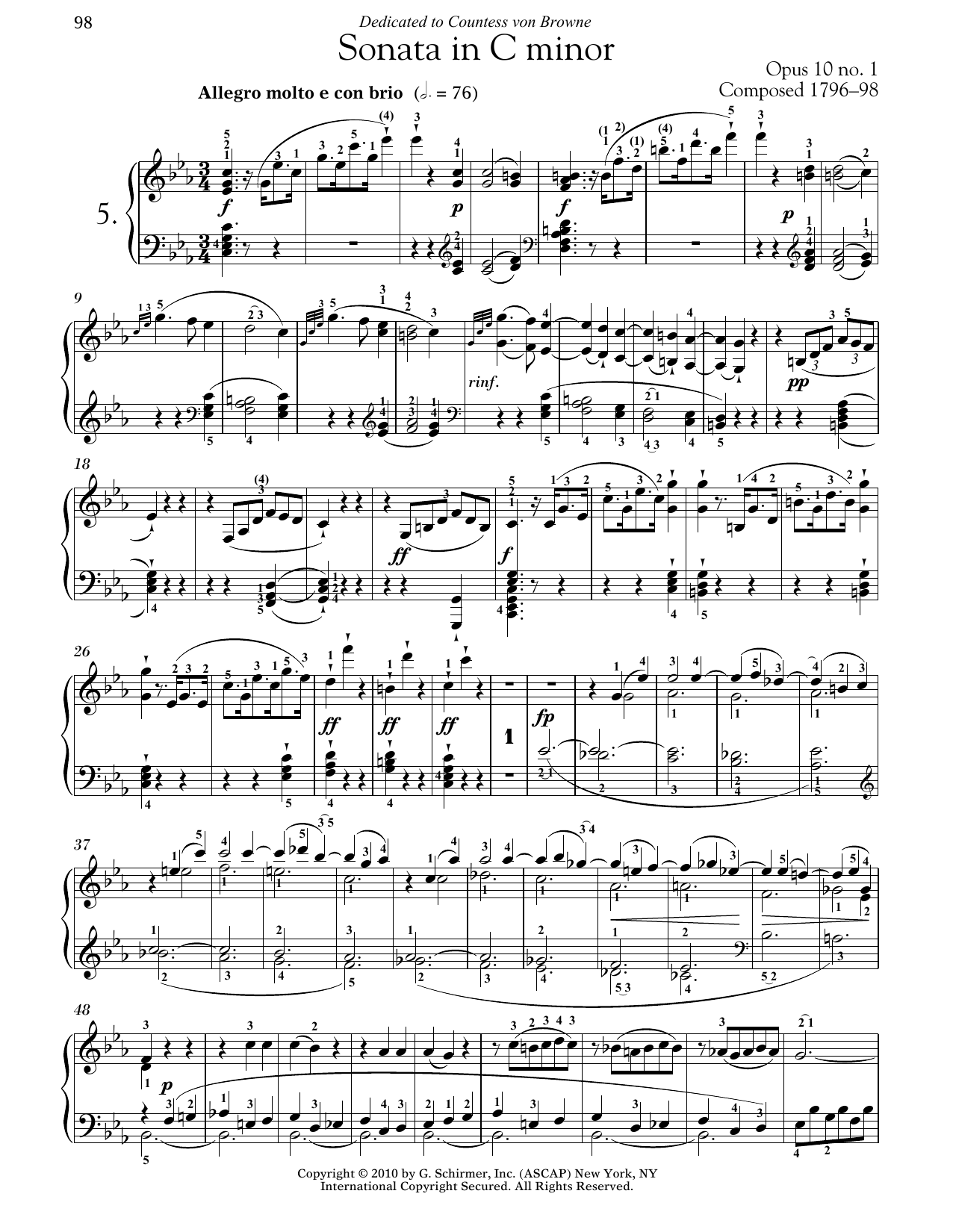 Ludwig van Beethoven Piano Sonata No. 5 In C Minor, Op. 10, No. 1 Sheet Music Notes & Chords for Piano - Download or Print PDF