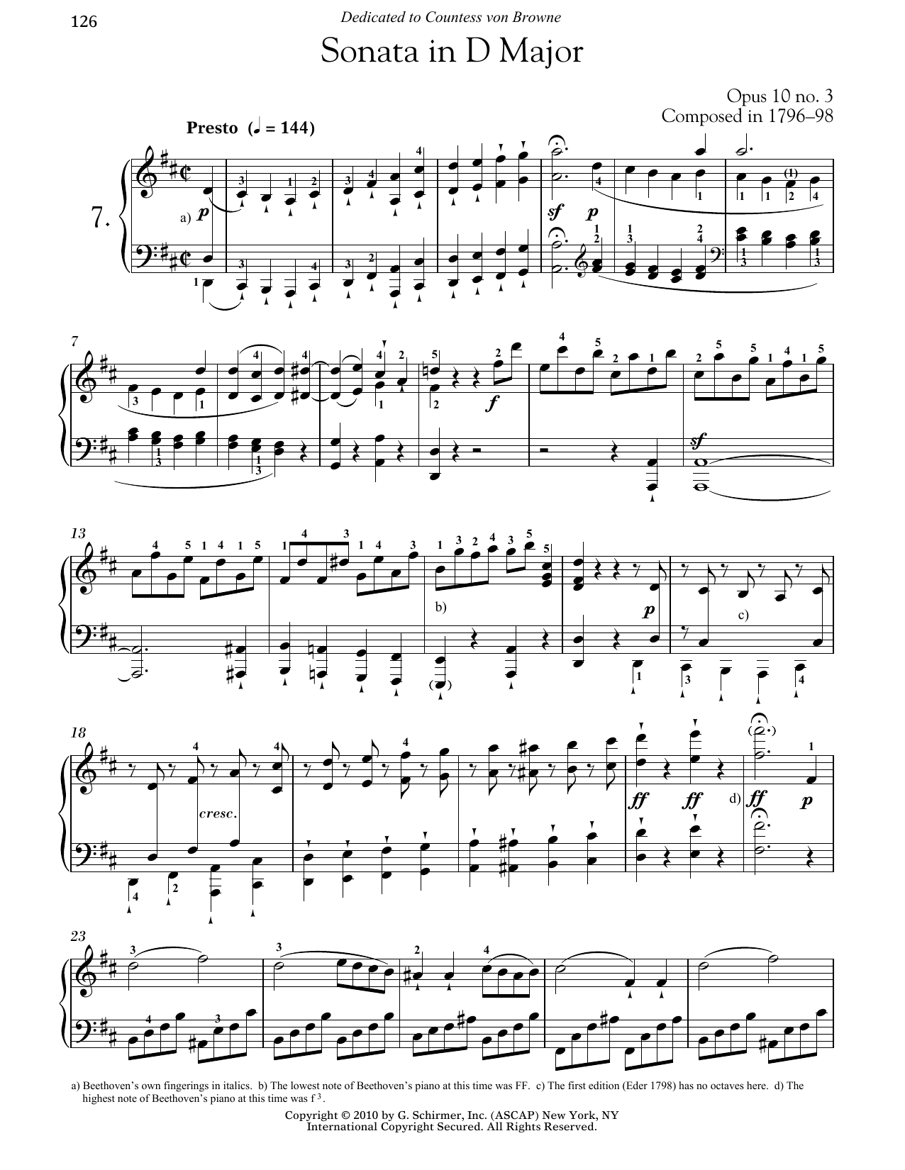 Ludwig van Beethoven Piano Sonata No. 7 In D Major, Op. 10, No. 3 Sheet Music Notes & Chords for Piano - Download or Print PDF