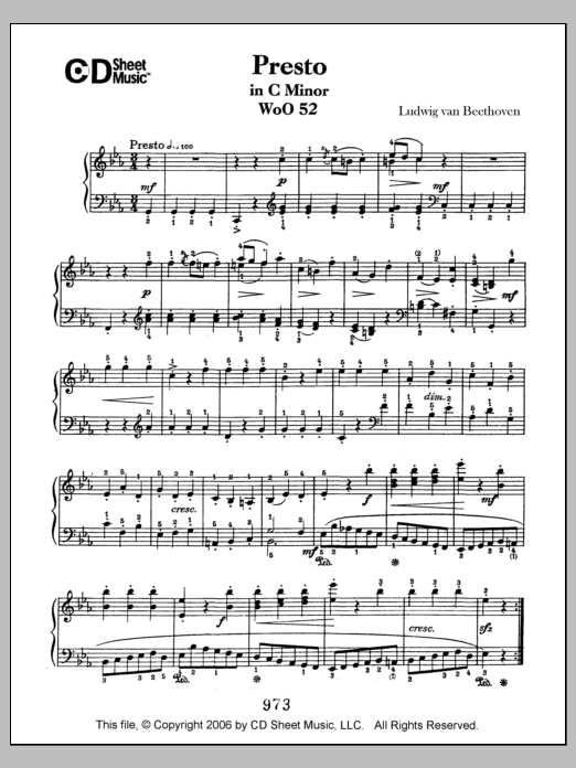 Ludwig van Beethoven Presto In C Minor, Woo 52 Sheet Music Notes & Chords for Piano Solo - Download or Print PDF