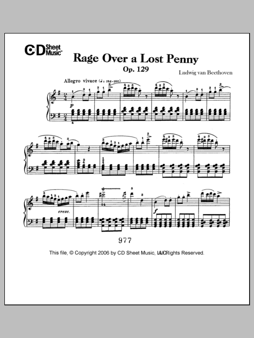Ludwig van Beethoven Rage Over A Lost Penny (rondo A Capriccio In G), Op. 129 Sheet Music Notes & Chords for Piano Solo - Download or Print PDF
