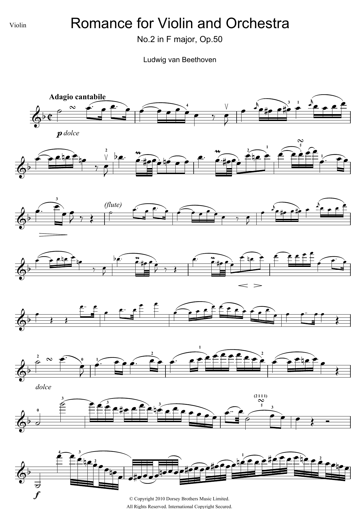 Ludwig van Beethoven Romance For Violin And Orchestra, No.2 In F Major, Op.50 Sheet Music Notes & Chords for Violin - Download or Print PDF