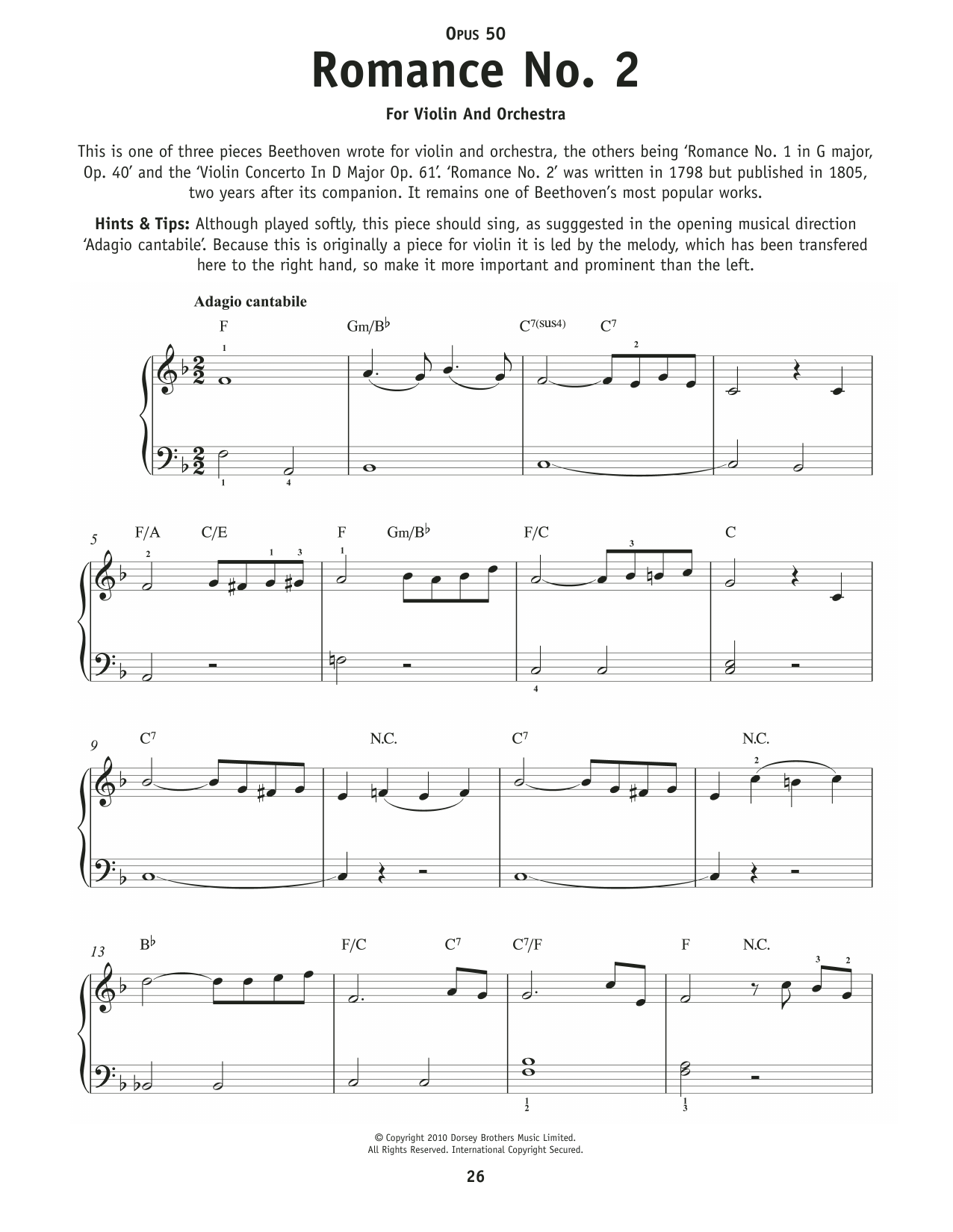 Ludwig Van Beethoven Romance No. 2 In F Major, Op. 50 Sheet Music Notes & Chords for Really Easy Piano - Download or Print PDF