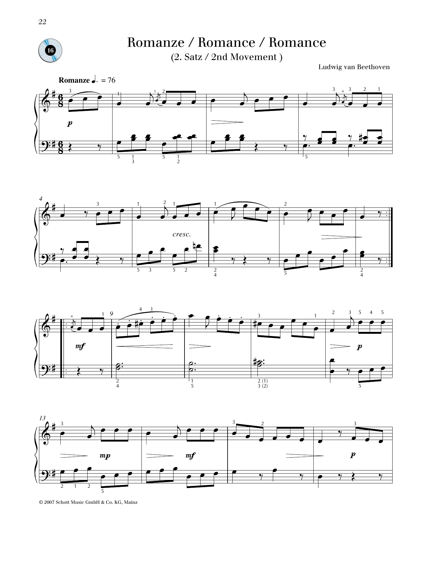 Ludwig van Beethoven Romance Sheet Music Notes & Chords for Piano Solo - Download or Print PDF