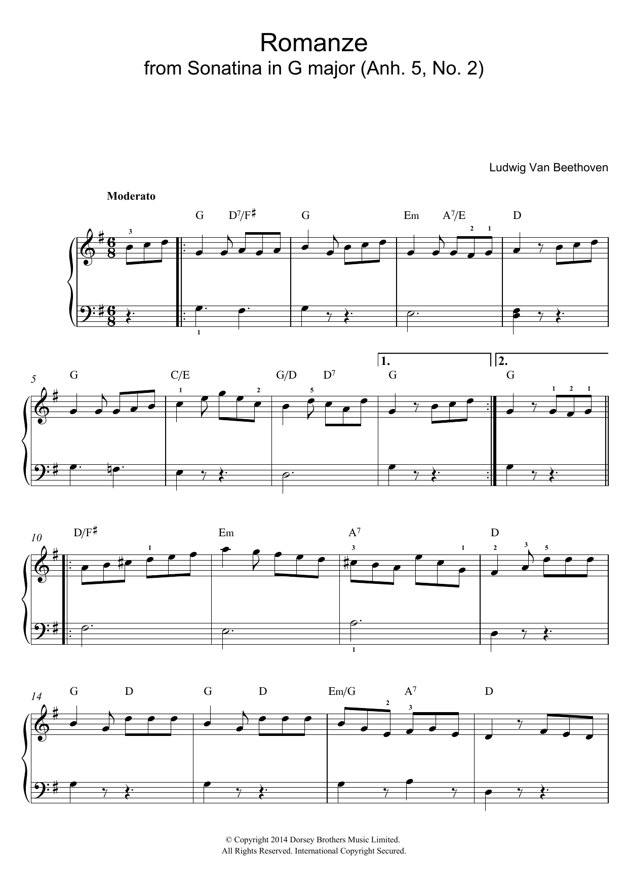 Ludwig van Beethoven Romanze From Sonatina In G Major (Anh. 5, No. 2) Sheet Music Notes & Chords for Beginner Piano - Download or Print PDF