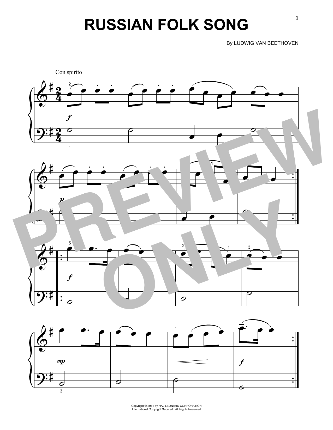 Ludwig van Beethoven Russian Folk Song Sheet Music Notes & Chords for Big Note Piano - Download or Print PDF