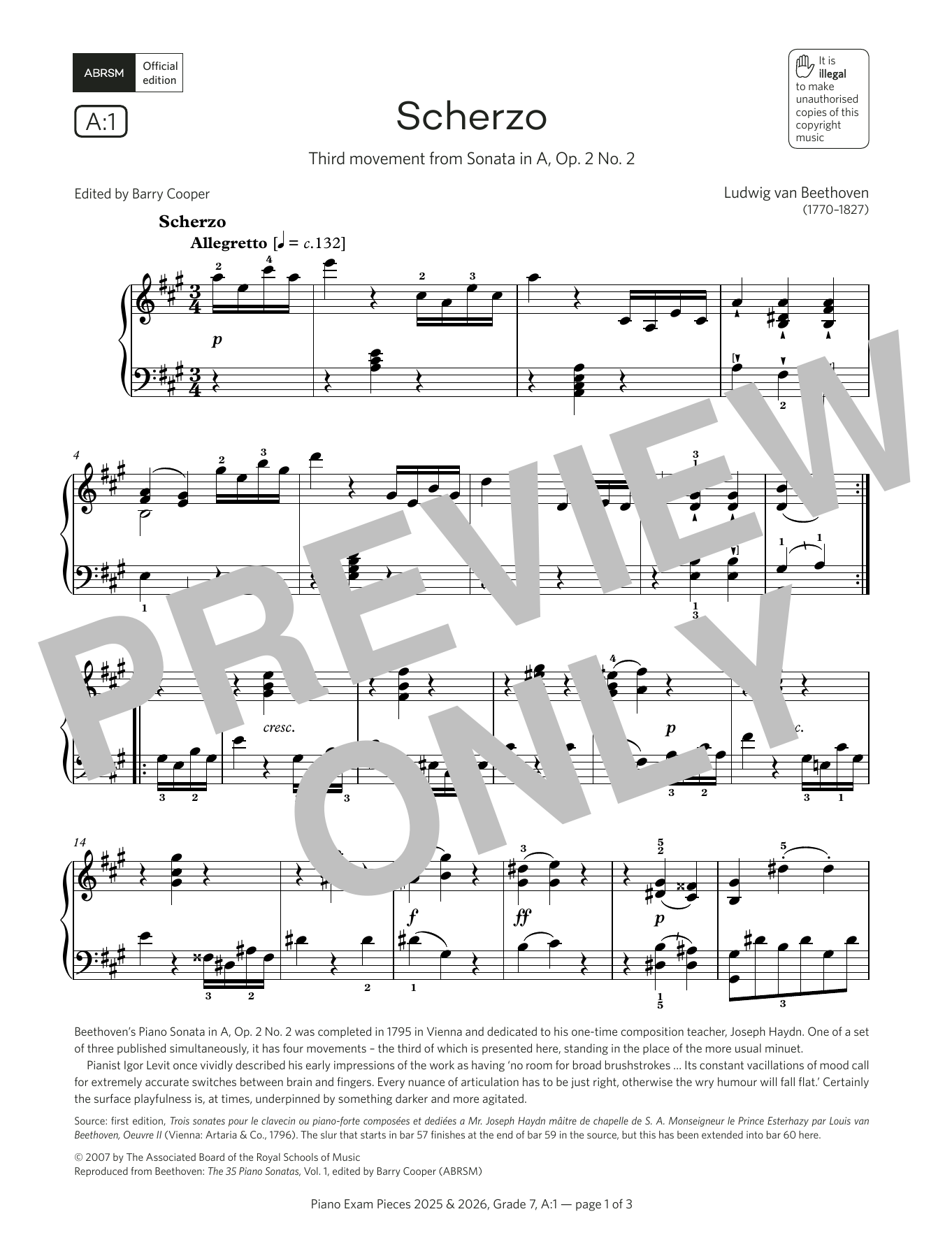 Ludwig van Beethoven Scherzo (Grade 7, list A1, from the ABRSM Piano Syllabus 2025 & 2026) Sheet Music Notes & Chords for Piano Solo - Download or Print PDF