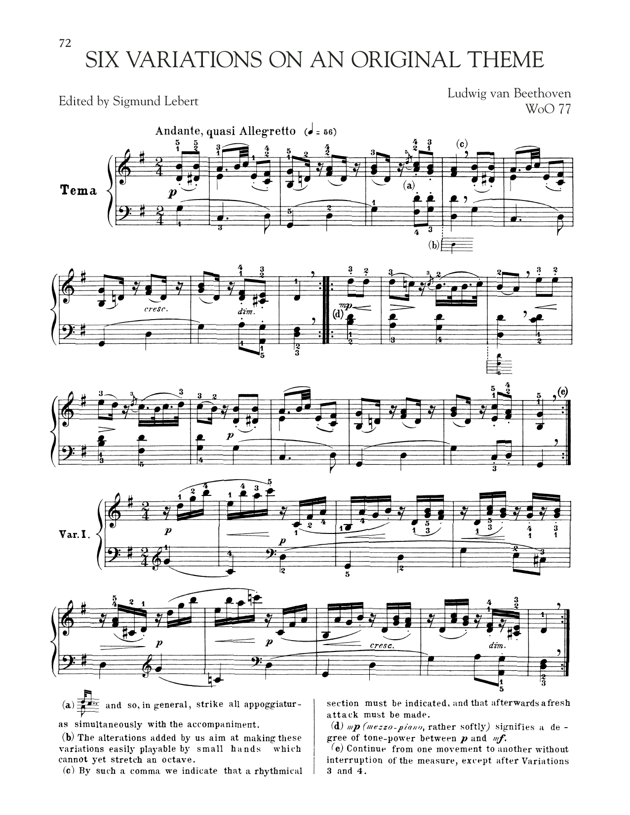 Ludwig van Beethoven Six Easy Variations In G Major Sheet Music Notes & Chords for Piano Solo - Download or Print PDF