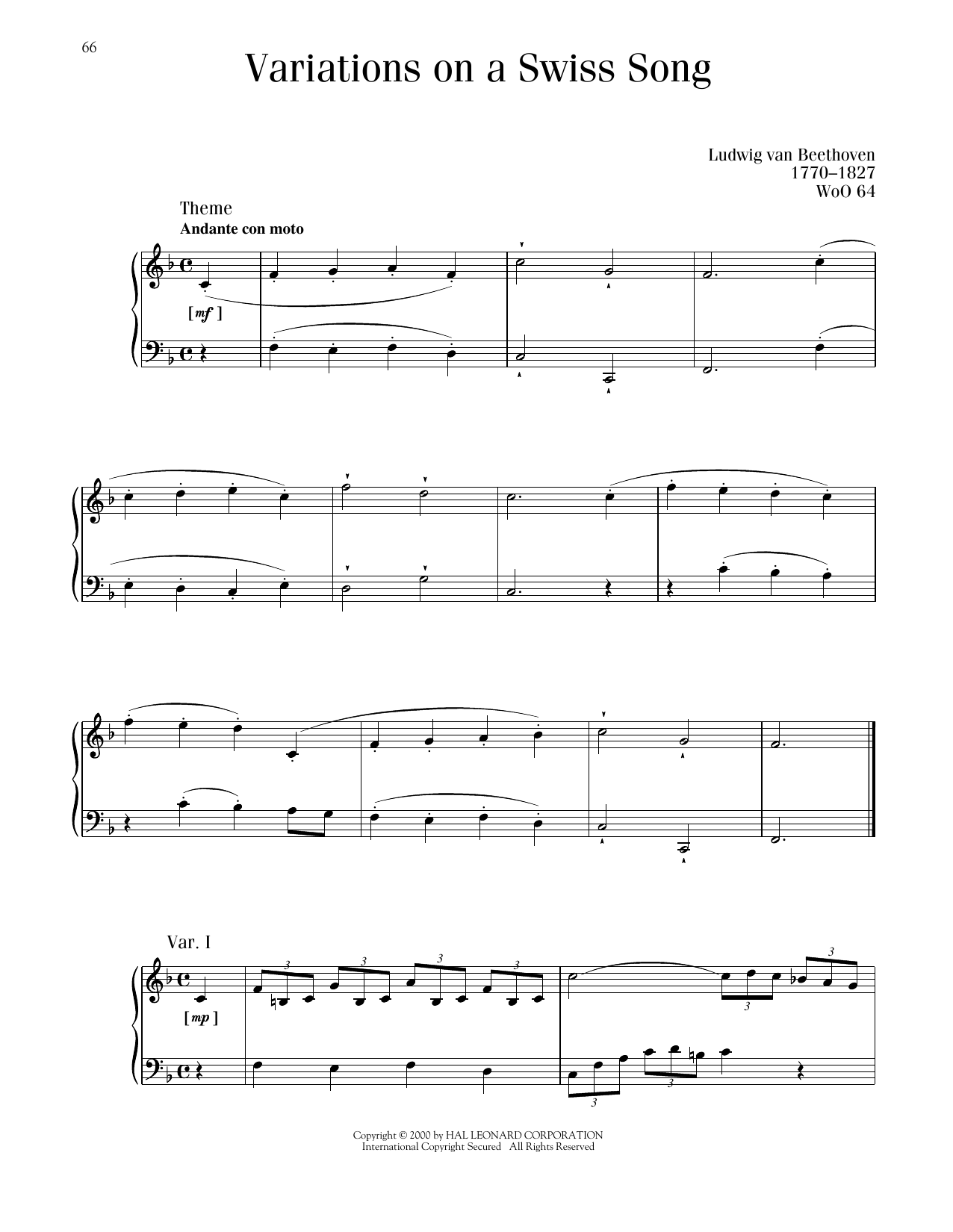 Ludwig van Beethoven Six Easy Variations On A Swiss Song Sheet Music Notes & Chords for Piano Solo - Download or Print PDF