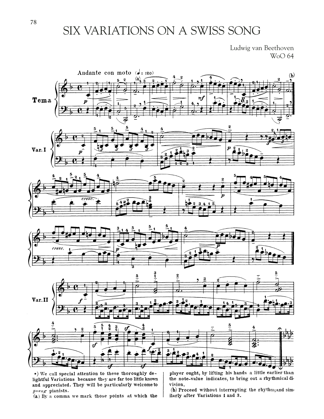 Ludwig van Beethoven Six Variations On A Swiss Song, WoO 64 Sheet Music Notes & Chords for Piano Solo - Download or Print PDF