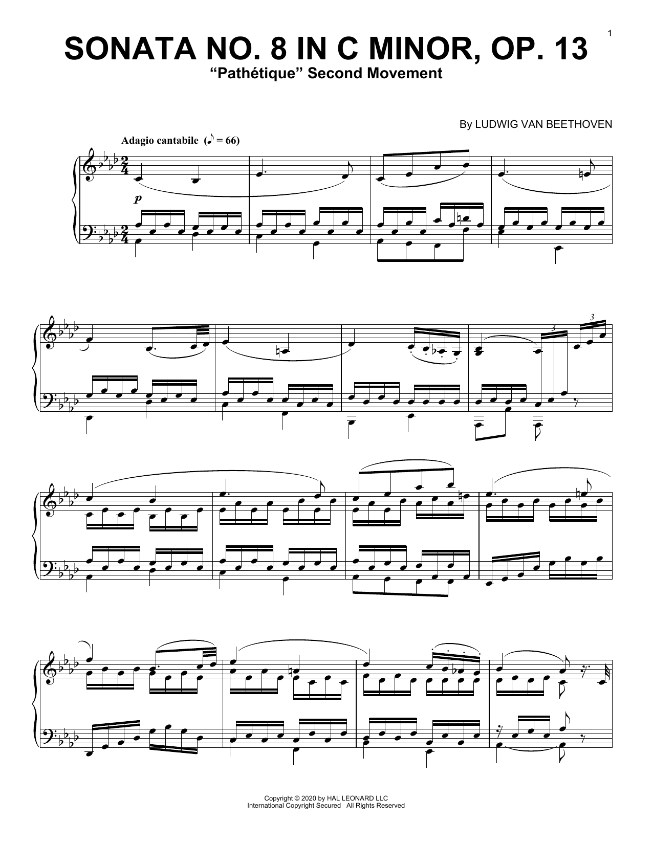 Ludwig van Beethoven Sonata In C Minor, Op. 13 'Pathetique' (2nd Movement) Sheet Music Notes & Chords for Piano Solo - Download or Print PDF