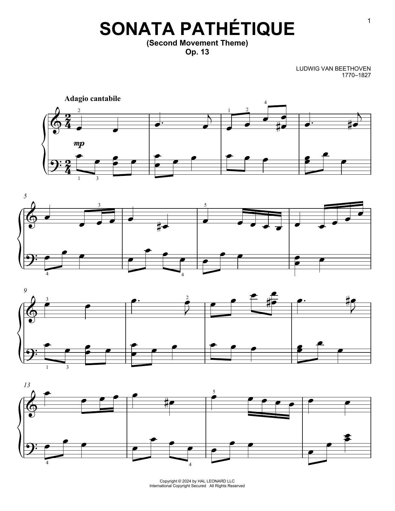 Ludwig van Beethoven Sonata In C Minor, Op. 13 'Pathetique' (2nd Movement Theme) Sheet Music Notes & Chords for Easy Piano - Download or Print PDF