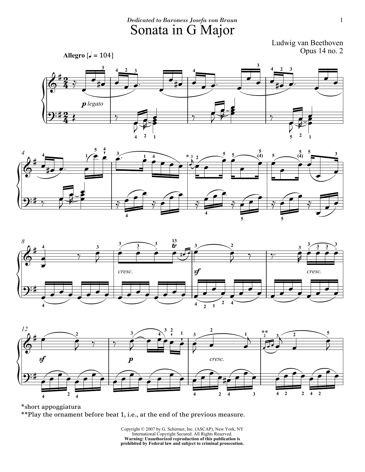Ludwig van Beethoven Sonata In G Major, Op. 14, No. 2 Sheet Music Notes & Chords for Piano - Download or Print PDF