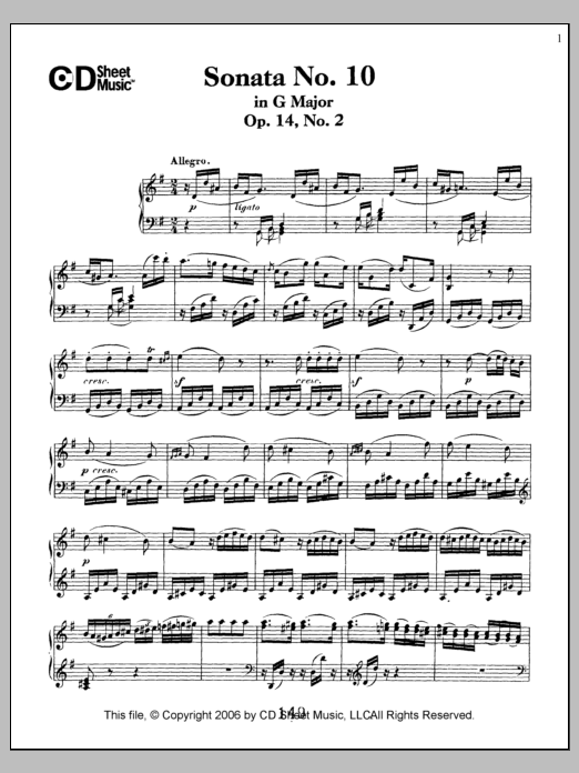 Ludwig van Beethoven Sonata No. 10 In G Major, Op. 14, No. 2 Sheet Music Notes & Chords for Piano Solo - Download or Print PDF