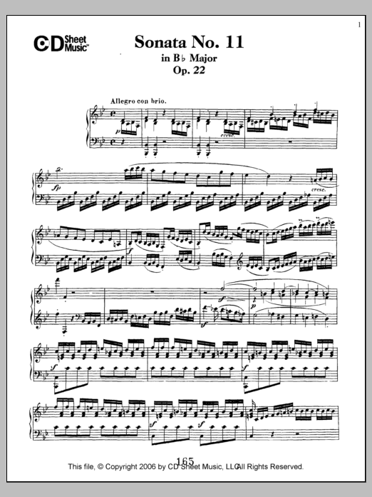 Ludwig van Beethoven Sonata No. 11 In B-flat Major, Op. 22 Sheet Music Notes & Chords for Piano Solo - Download or Print PDF