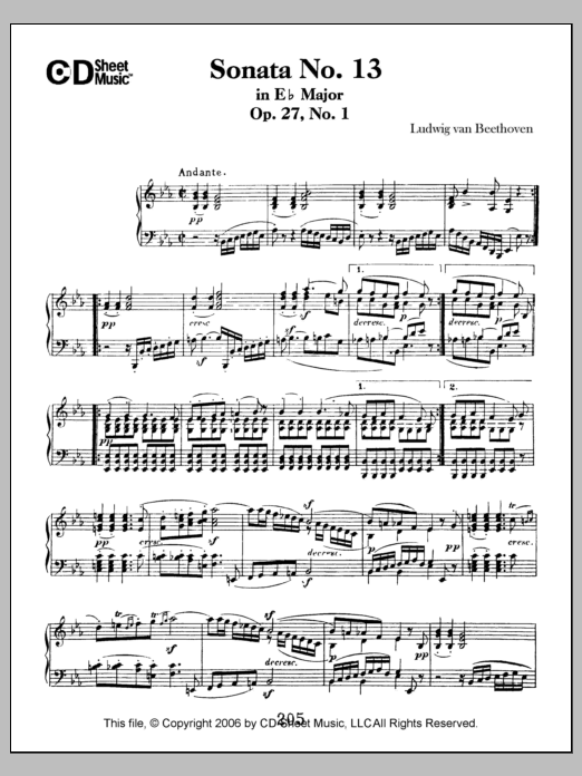 Ludwig van Beethoven Sonata No. 13 In E-flat Major, Quasi Fantasia, Op. 27, No. 1 Sheet Music Notes & Chords for Piano Solo - Download or Print PDF