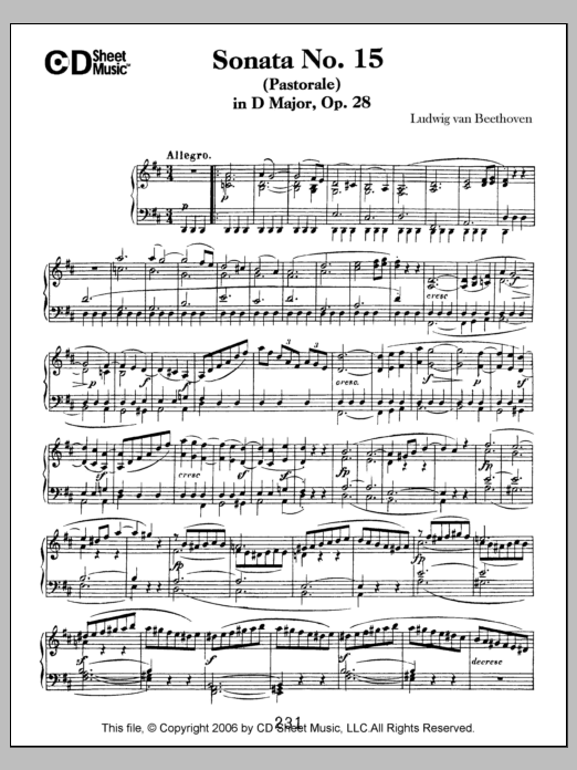 Ludwig van Beethoven Sonata No. 15 In D Major (pastorale), Op. 28 Sheet Music Notes & Chords for Piano Solo - Download or Print PDF