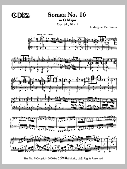 Ludwig van Beethoven Sonata No. 16 In G Major, Op. 31, No. 1 Sheet Music Notes & Chords for Piano Solo - Download or Print PDF