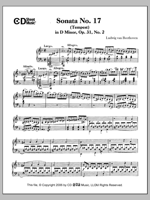 Ludwig van Beethoven Sonata No. 17 In D Minor (tempest), Op. 31, No. 2 Sheet Music Notes & Chords for Piano Solo - Download or Print PDF