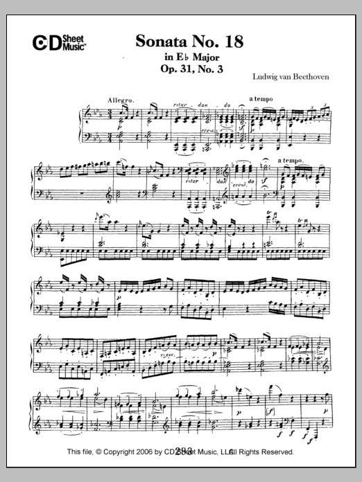 Ludwig van Beethoven Sonata No. 18 In E-flat Major, Op. 31, No. 3 Sheet Music Notes & Chords for Piano Solo - Download or Print PDF