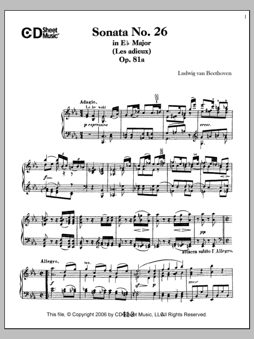 Ludwig van Beethoven Sonata No. 26 In E-flat Major (les Adieux), Op. 81a Sheet Music Notes & Chords for Piano Solo - Download or Print PDF