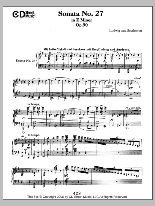 Ludwig van Beethoven Sonata No. 27 In E Minor, Op. 90 Sheet Music Notes & Chords for Piano Solo - Download or Print PDF