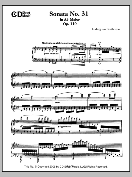 Ludwig van Beethoven Sonata No. 31 In A-flat Major, Op. 110 Sheet Music Notes & Chords for Piano Solo - Download or Print PDF