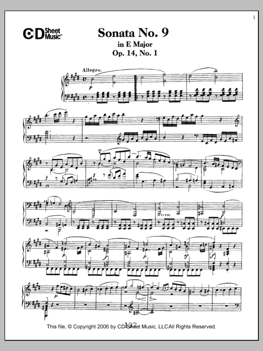 Ludwig van Beethoven Sonata No. 9 In E Major, Op. 14, No. 1 Sheet Music Notes & Chords for Piano Solo - Download or Print PDF