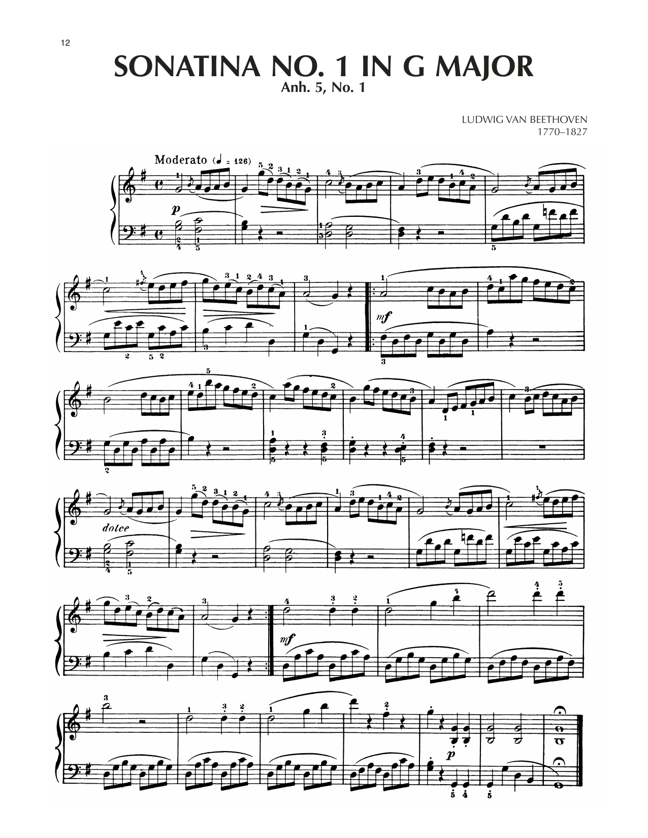 Ludwig van Beethoven Sonatina In G Major, Anh. 5, No. 1 Sheet Music Notes & Chords for Piano Solo - Download or Print PDF