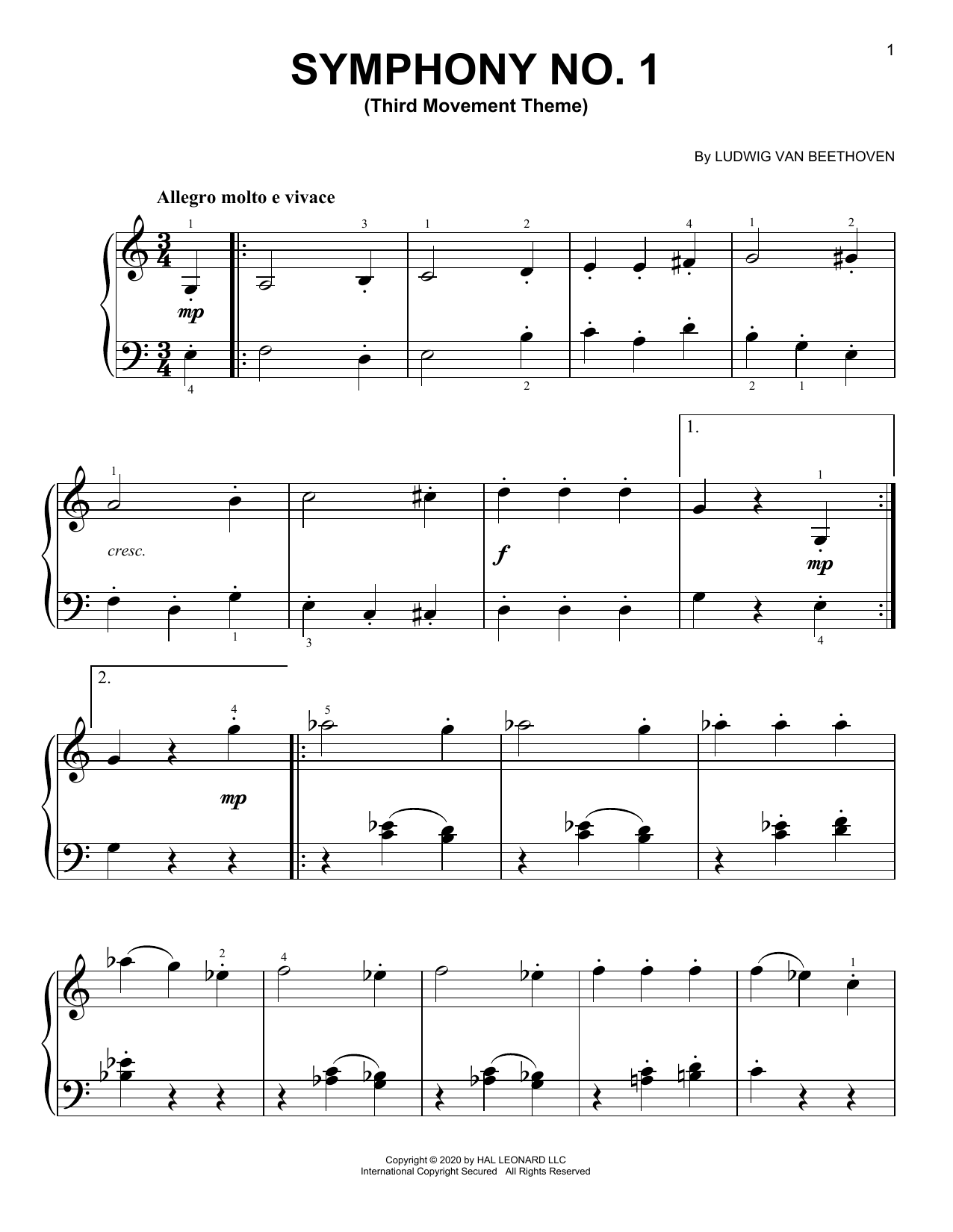 Ludwig van Beethoven Symphony No. 1, Third Movement Excerpt Sheet Music Notes & Chords for Piano Solo - Download or Print PDF