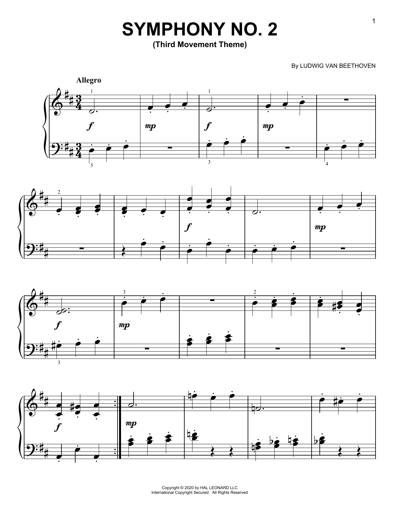 Ludwig van Beethoven Symphony No. 2, Third Movement Excerpt Sheet Music Notes & Chords for Easy Piano - Download or Print PDF
