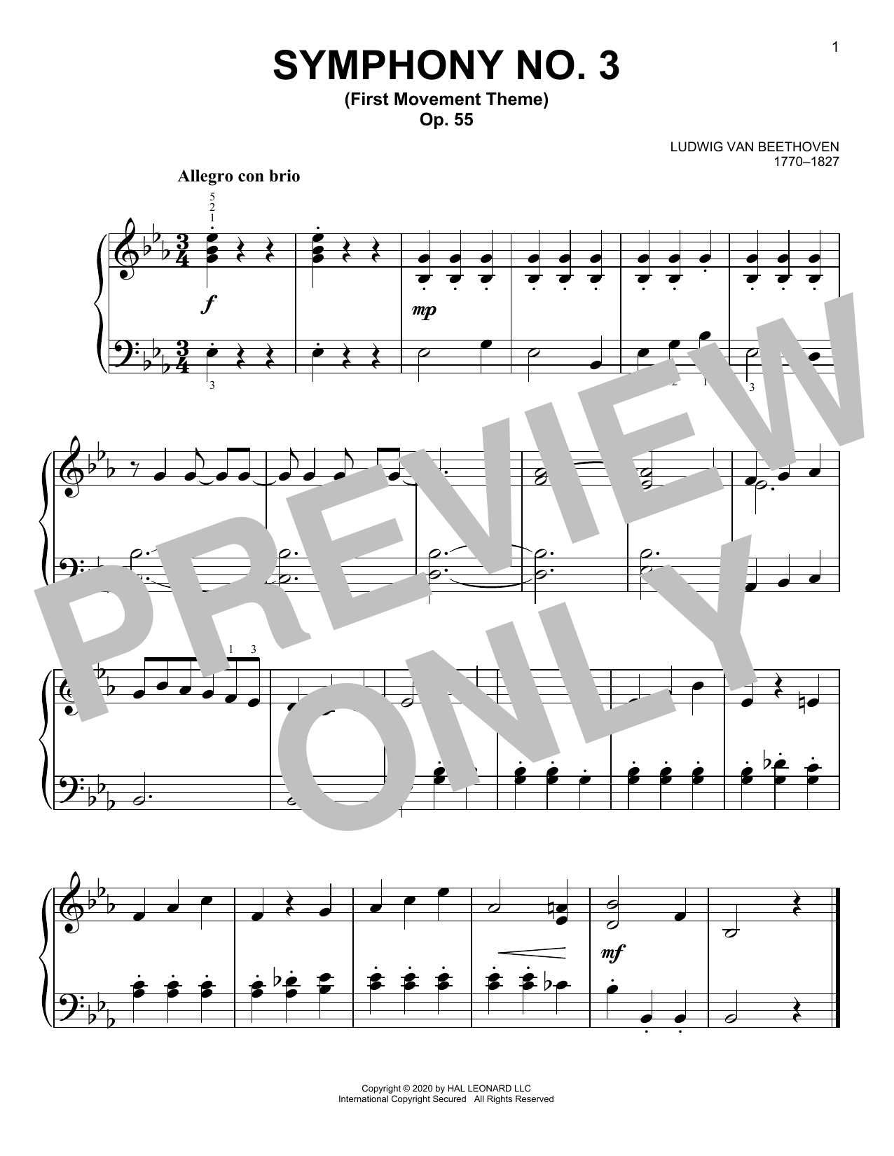 Ludwig van Beethoven Symphony No. 3 (First Movement Theme) Sheet Music Notes & Chords for Easy Piano - Download or Print PDF