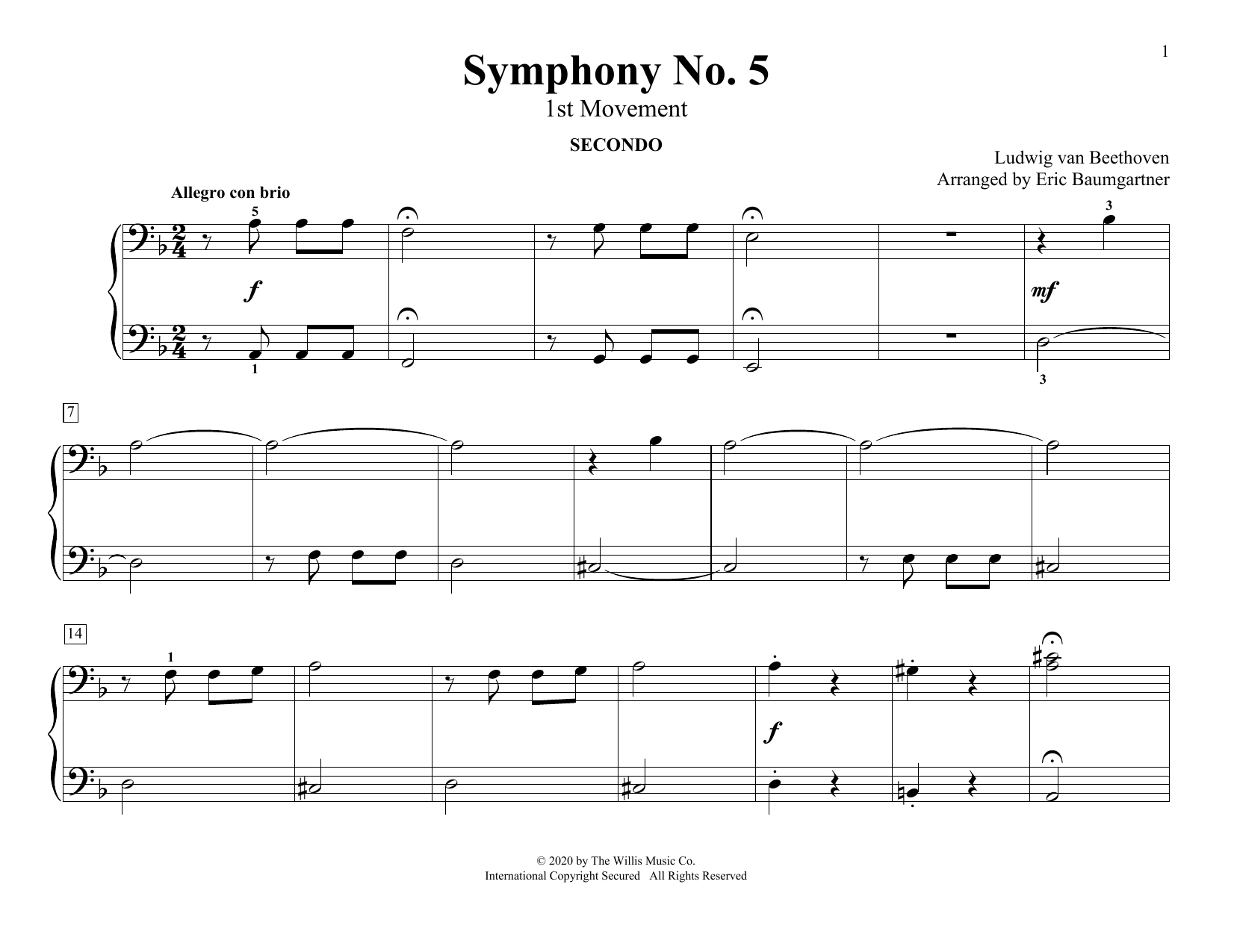 Ludwig van Beethoven Symphony No. 5 (1st Movement) (arr. Eric Baumgartner) Sheet Music Notes & Chords for Piano Duet - Download or Print PDF